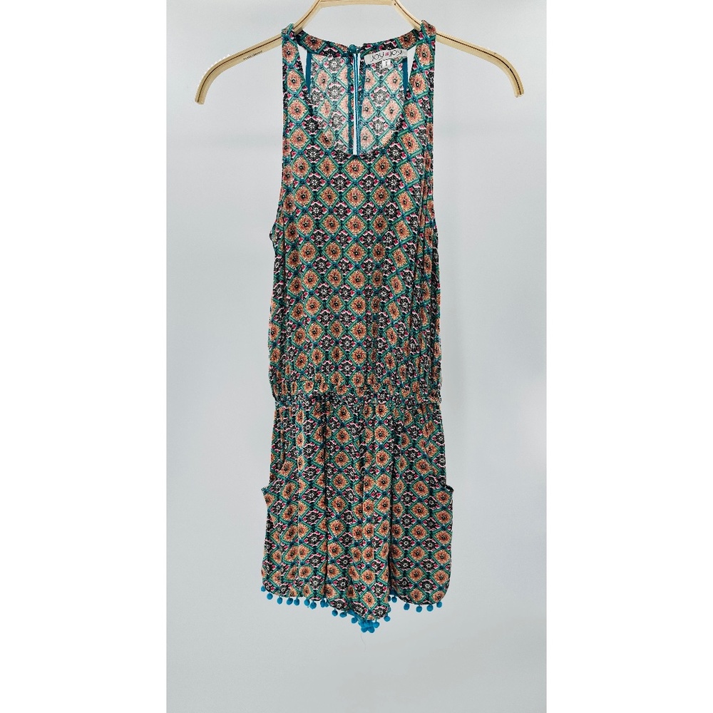 Joy Joy Multicolored Indian‎ Design Teal Base Pom Pom Trim Romper